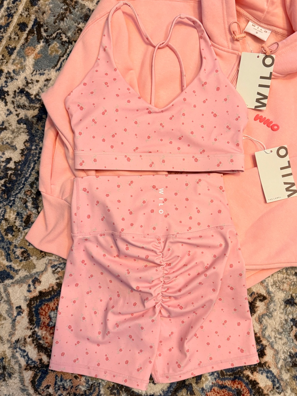 WILO The Label Pink Floral 3 Piece Set Hoodie Bra Scrunch Shorts S NWT $204 - Picture 3 of 11